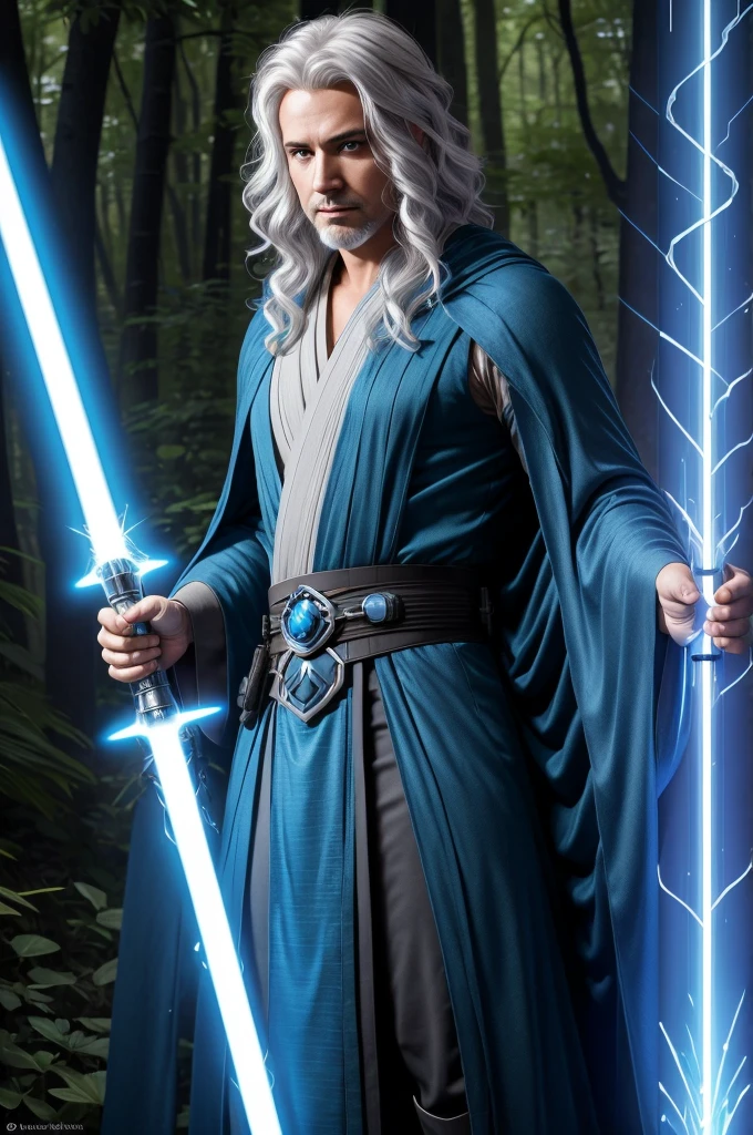 Rax Valoren "A seasoned Jedi Master with silver hair and a long, flowing robe stands in a tranquil forest, holding a glowing blue lightsaber. His calm and wise expression reflects his deep connection to the Force."
