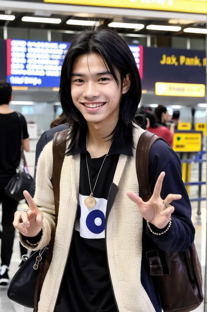 An Indonesian Malaysian boy has a big smile on his face, while standing at the airport and being photographed by paparazzi. He has a modern clothing style, black hair, world, yes also well styled he has dimples 