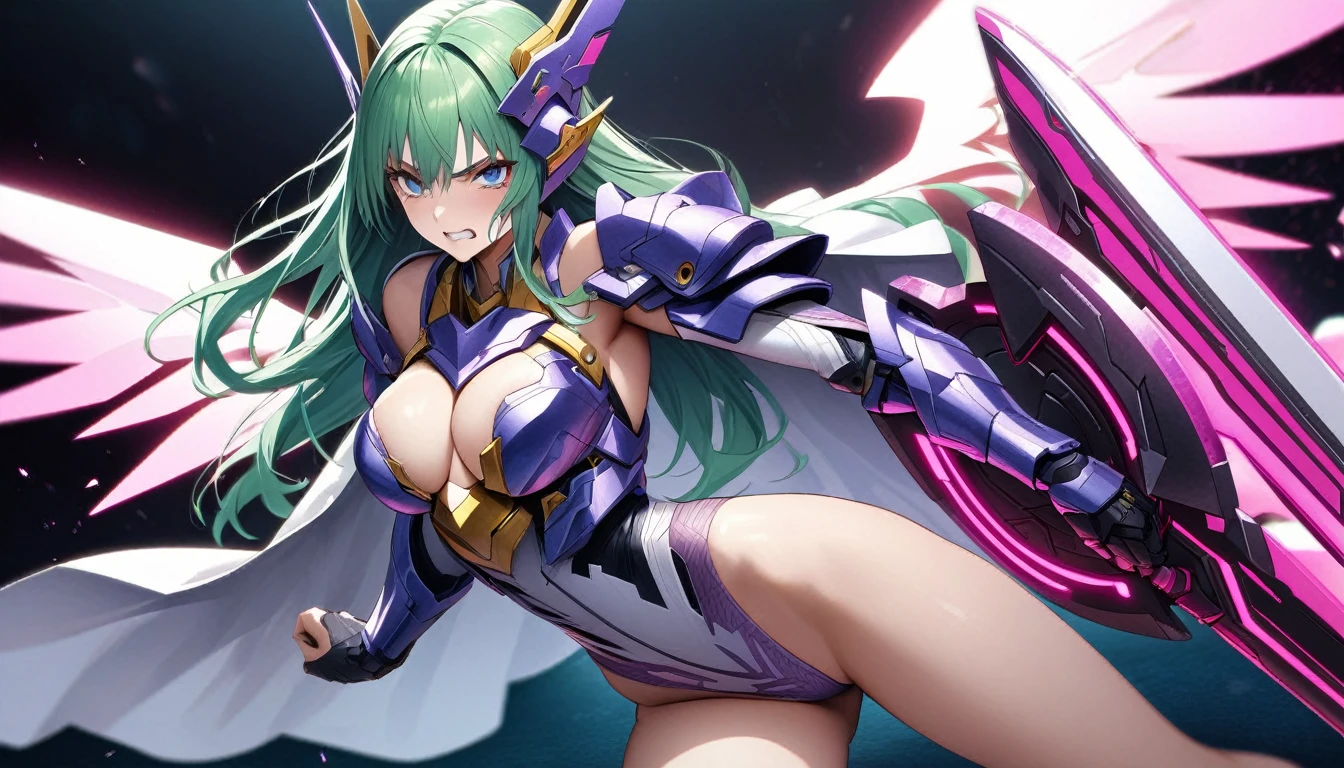 (Perfect Anatomy)、Mastepiece、Ultra High Quality、 8k、masterpiece、Highest quality、Ultra-high resolution、Maximum resolution、Very detailed、Professional Lighting、anime、woman、thin、Very beautiful face、Beautiful eyes、(Highly detailed eye)、Highly detailed face, clenched teeth, Grit your teeth、White and purple enamel high leg leotard、Purple pattern、((Cyber Armor))、Shiny Armor、White decoration、Cyber Headgear、Shoulders show skin、Golden earrings、Green Hair、long hair、Purple Eyeedium breast、Pink Lips、White cloak、With a shiny shield、Has mechanical wings on his back、Dynamic Pose, Summoning a magic sword, energy sword, energy wings