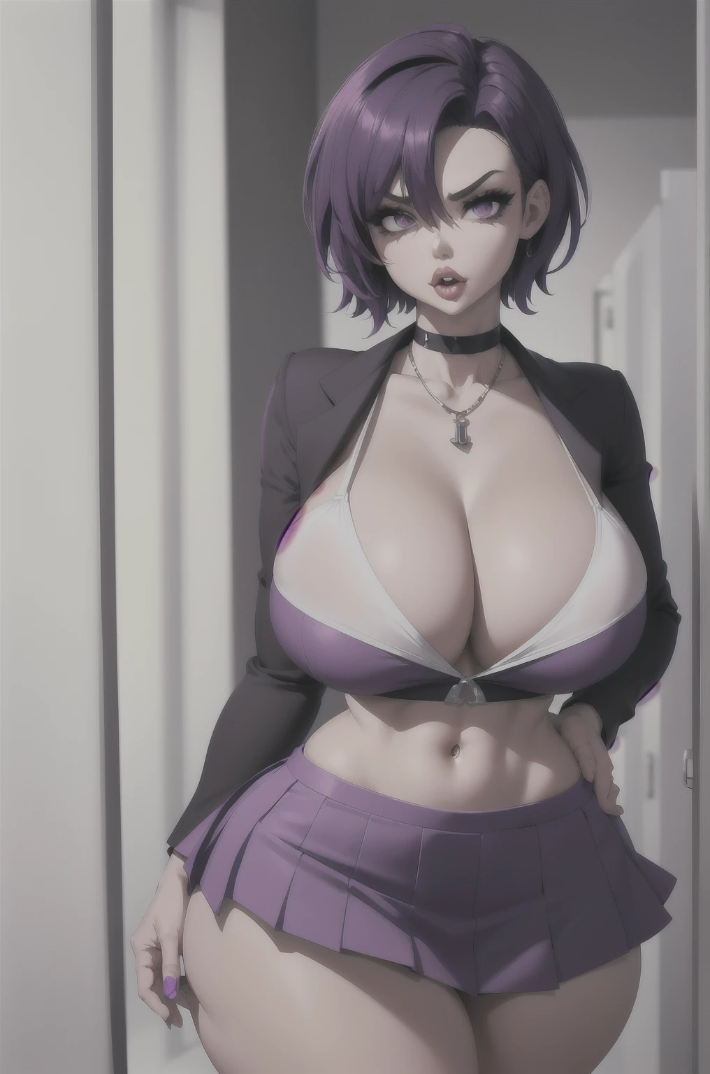 short purple hair, Waist slender, Fearful Eyes, Broad Hips, thick thighs, vestimentas, tight skirt, neckleace,