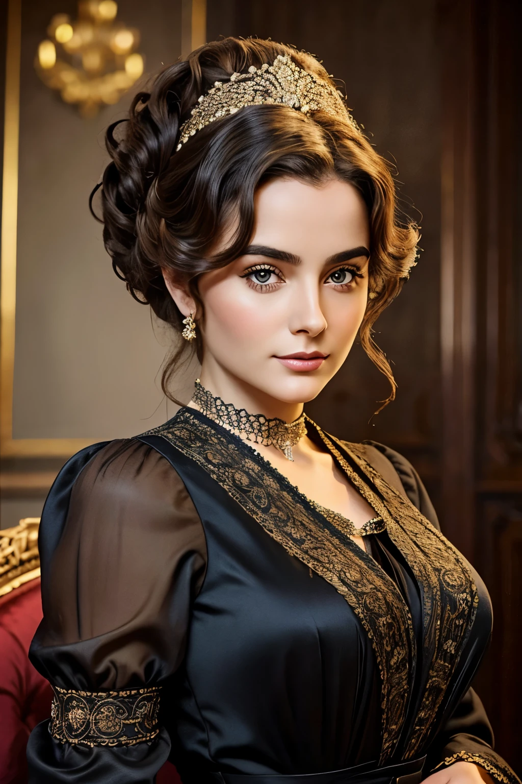 "A masterful hyperrealistic photo of a timeless beauty that exudes the essence of a Gibson Girl in her prime. Her luxurious upswept hair is adorned with exquisite ornaments, and her deep necked blouse accentuates her graceful curves. The intricate details of her attire and facial features are rendered with incredible precision. adding a touch of quirkiness to this otherwise classic portrait
photo"
