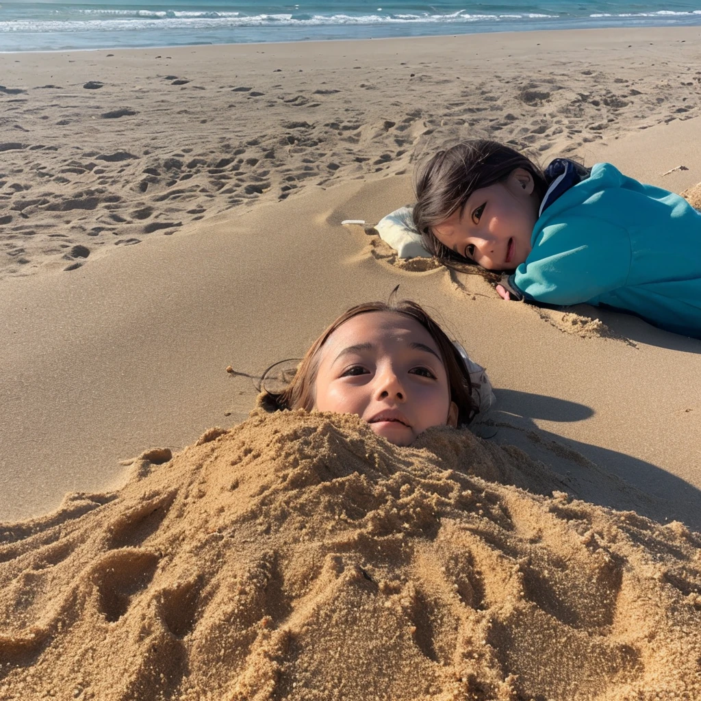 A person buried in sand at the beach, only their head visible, with a surprised and comical expression.