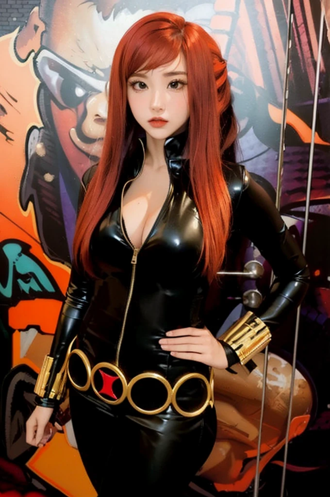 The image features a girl with long red hair. She is standing in front of a wall adorned with artwork. She wears a sleek skin-tight shiny black latex bodysuit with a deep-cut zipper neckline revealing a large chest, the silver zipper running down the front. and boasts a noticeable feature—a black belt with gold circles. and wrist guard made of golden sticks. The combination of her empowered pose, vibrant hair color, and the intriguing backdrop of art, creates a visually compelling scene.