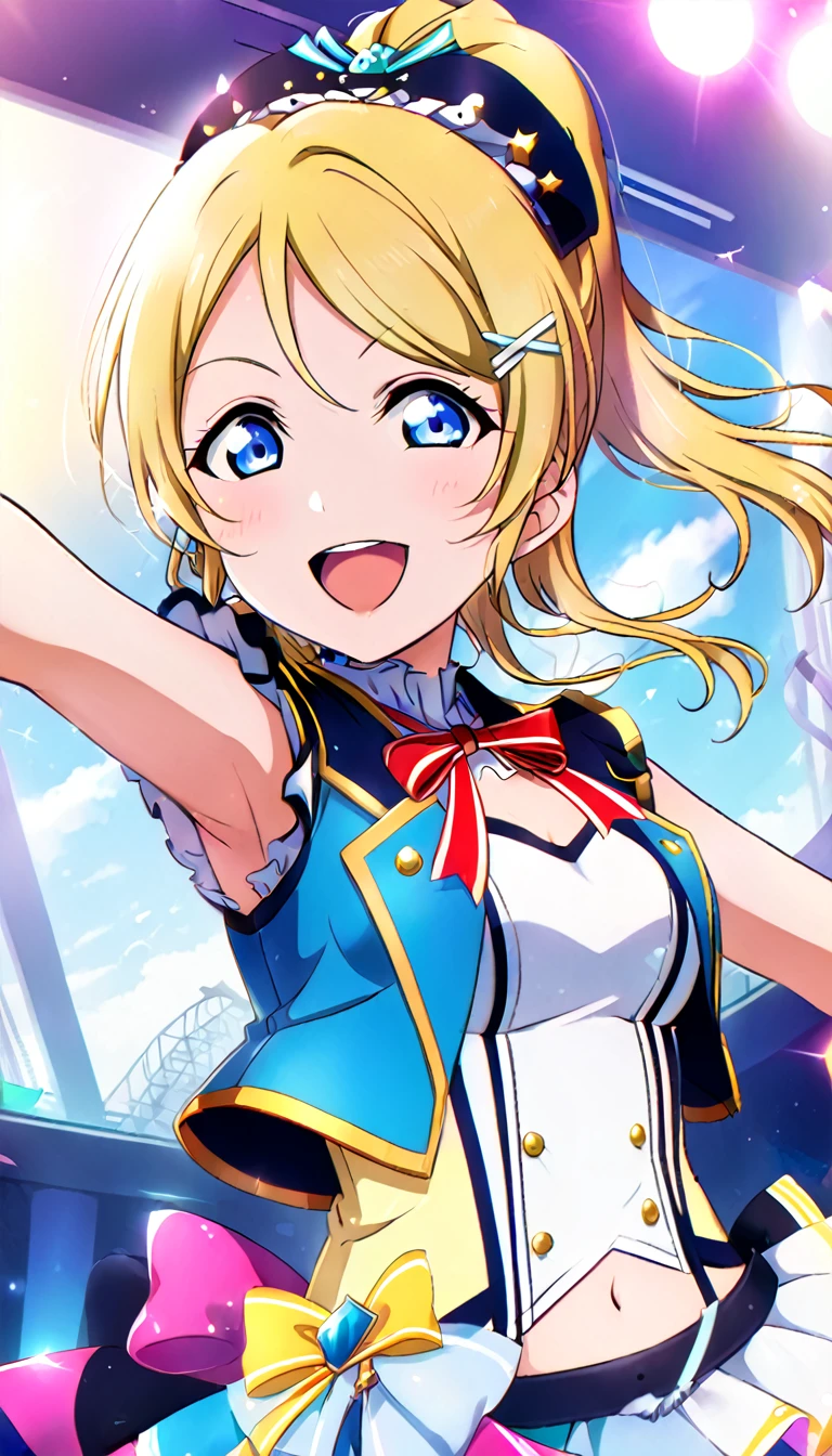 1girl, eri ayase, upper body, idol costume, smile, id_eri_ayase,Pointing at the viewer,8k