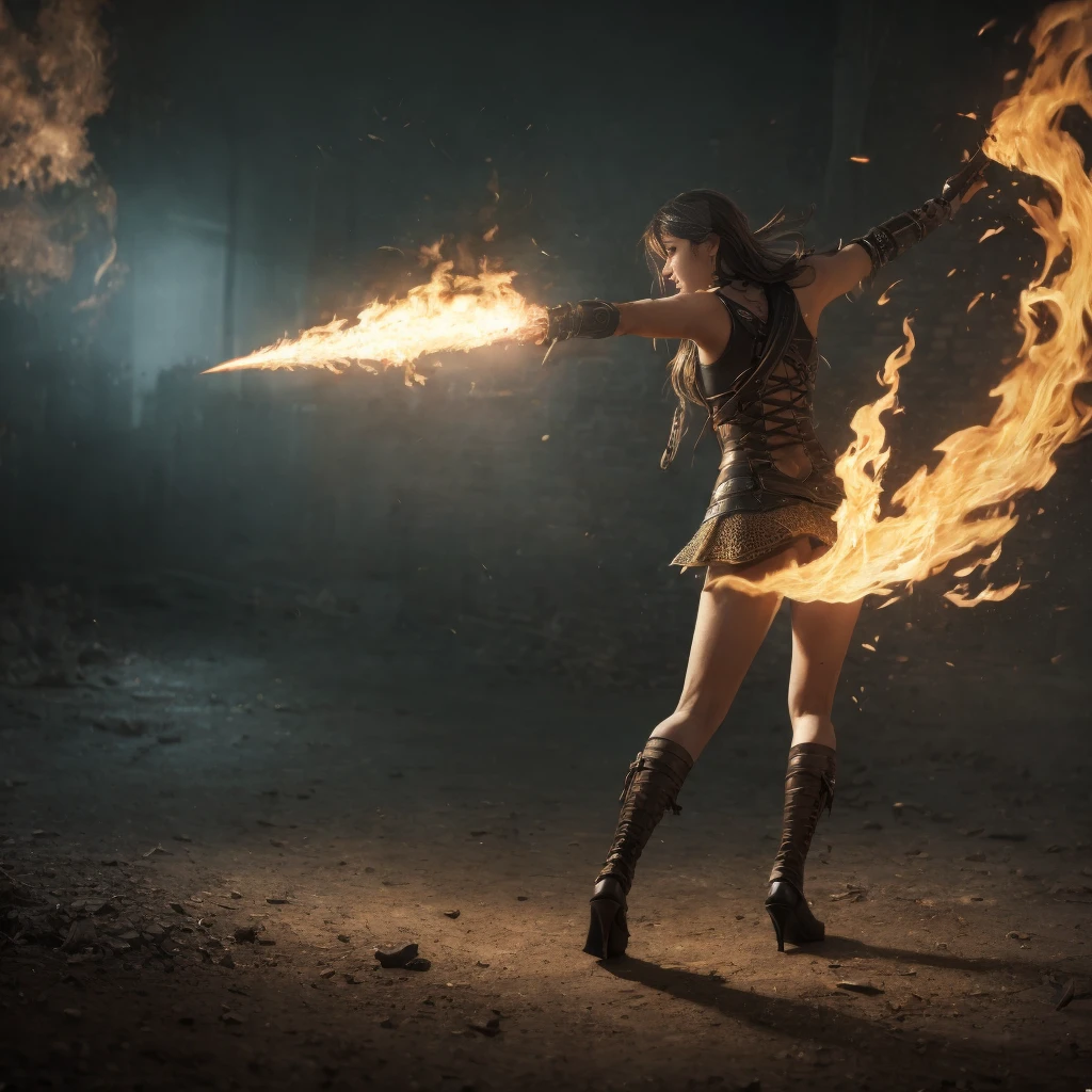 A medieval Goddess warrior fighting in the battlefield, dressed in black, laced dress, torn dress, full body, work of malediction and death, The Great One of the Night of Time, stand up and shout. Dominant pose. Realistic hands. Ball of fire in hand. [The character is surrounded by mist, evoking a mysterious and eerie atmosphere. The lighting is dark and atmospheric, with smoke adding a touch of sinister ambiance. Best quality image, HDR enhancement, showcasing the utmost level of detail and realism, full body shot:1.5]. [8K, Best Quality, Ultra High Resolution, (highly detailed CG unity 8k wallpaper), (best photo), cry, (best shadows), isometric 3D, octane rendering, ray tracing, highly detailed, (Best quality, 4K, 8k:1.2), absurdity, ultra detailed, (realistic, photorealistic, photorealistic:1.37), complex parts, HDR, (complex parts:1.12), (hyper detailed, hyper realistic, Soft lighting, spicy:1.2), (complex parts, Hyper detailed:1.15). Blurred foreground. (backlit), masterpiece, high quality, brightness, chromatic aberration, foggy smoke, shadows, contrast, clear sky, (warm hue, warm tone), high details, natural reflections]. (YES SFW)