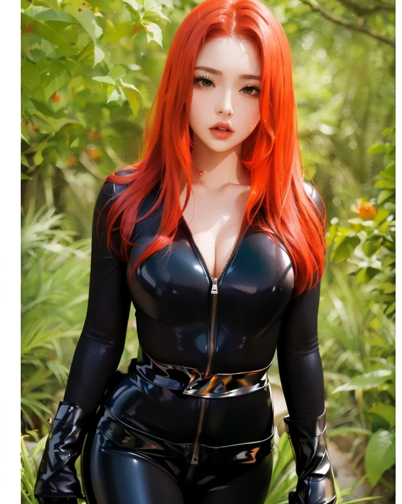 The image portrays a girl with red hair. She is dressed in a sleek skin-tight shiny black latex bodysuit with a deep-cut zipper neckline revealing a large chest, black wrist guard, and a black belt. The woman is standing in an environment characterized by the presence of green plants.