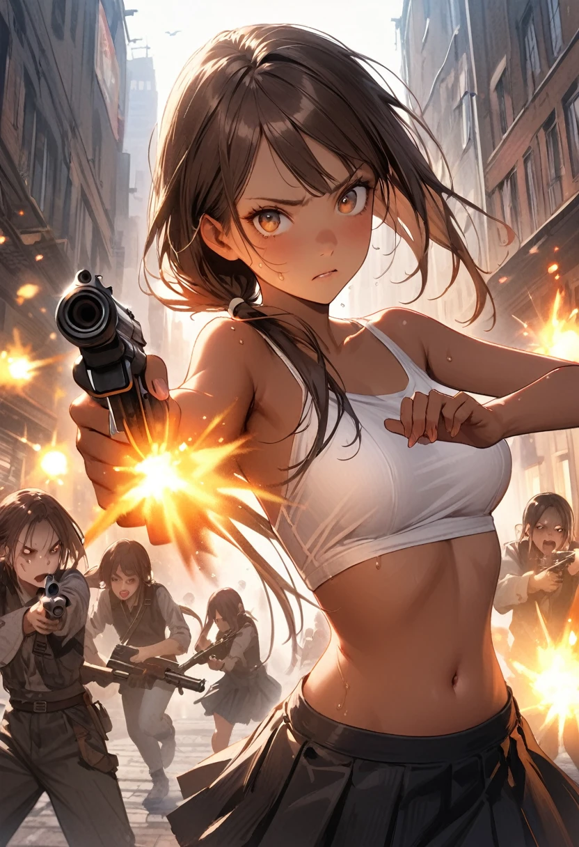 Dynamic gun action scenes、Woman fighting zombieasterpiece,Highest quality:1.3,best quality illustration)),(realistic),cowboy shot,独奏,1woman,25 year old beauty,brown hair,(low ponytail hair),long hair,bangs,brown eyes,(gorgeous big eyes),((very small head:1.3)),Serious expression,((very long body:1.2,skinny)),((tan skin:1.4)),medium breasts,White tube top shirt、navel,Black pleated mini skirt,((Firing stance、Shoot a gun:1.3)),gleaming skin,slender body,sweat,Run、(Multiple zombies roaming around)、on street,New York City、Resident Evil World、