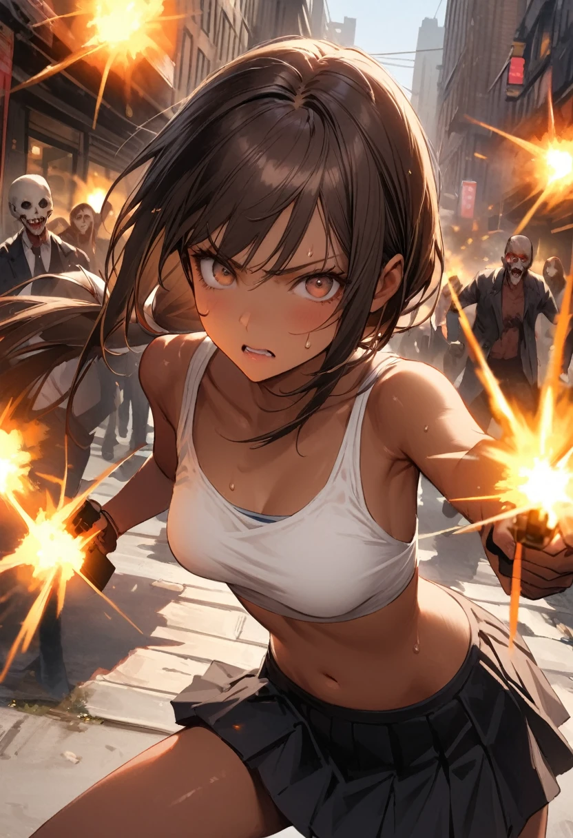 Dynamic gun action scenes、Woman fighting zombieasterpiece,Highest quality:1.3,best quality illustration)),(realistic),cowboy shot,独奏,1woman,25 year old beauty,brown hair,(low ponytail hair),long hair,bangs,brown eyes,(gorgeous big eyes),((very small head:1.3)),Serious expression,((very long body:1.2,skinny)),((tan skin:1.4)),medium breasts,White tube top shirt、navel,Black pleated mini skirt,((Firing stance、Shoot a gun:1.3)),gleaming skin,slender body,sweat,Run、(Multiple zombies roaming around)、on street,New York City、Resident Evil World、