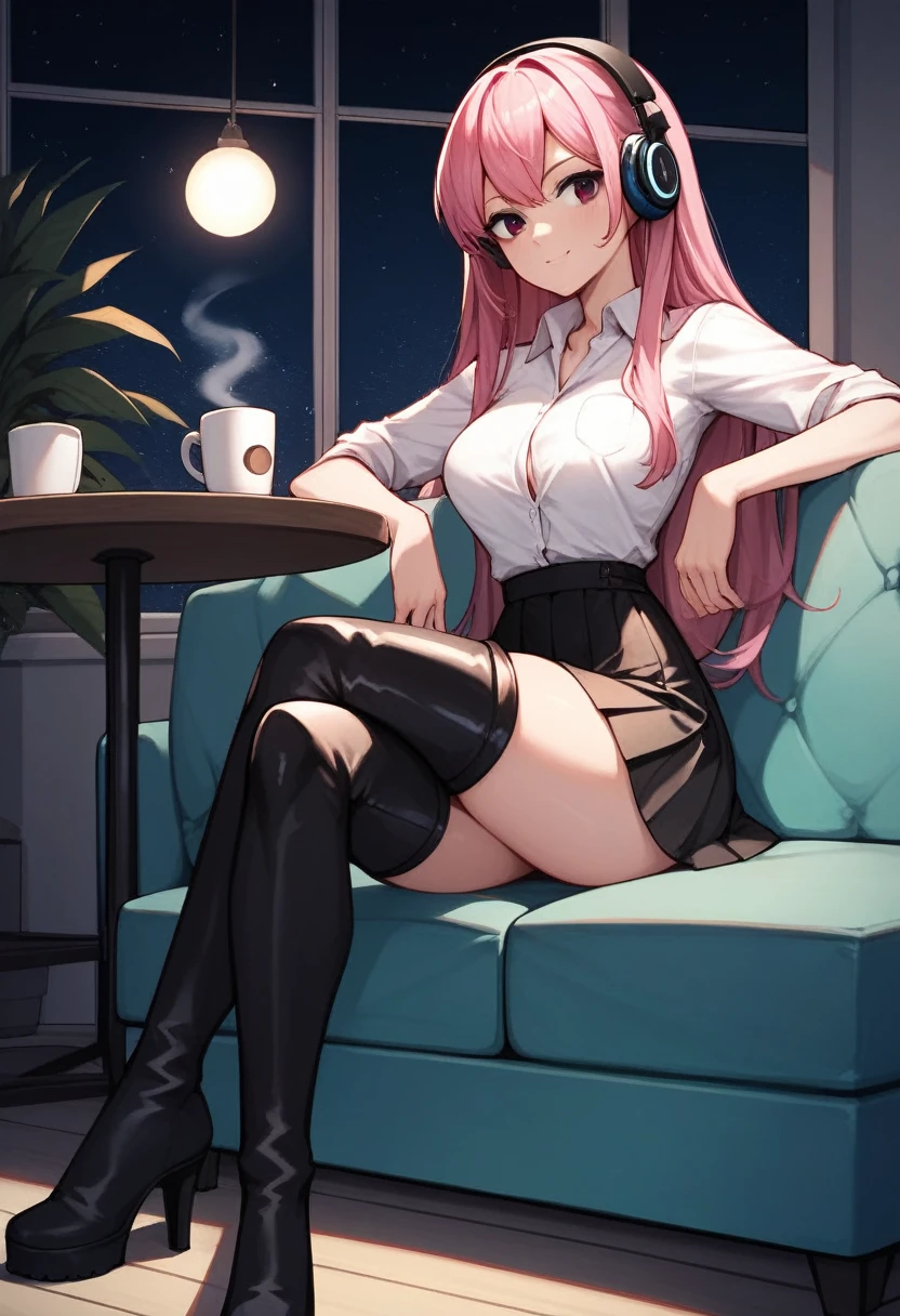 score_9, score_8_up, score_7_up, score_6_up, score_5_up, score_4_up, source_anime, 1woman, pink hair, long hair, black eyes, sitting at the sofa, table, white shirt, skirts, thigh high boots, crossed legs, black boots, platforms, coffee, headphones, dark room, night, best quality, best res, 4K UHD,
 