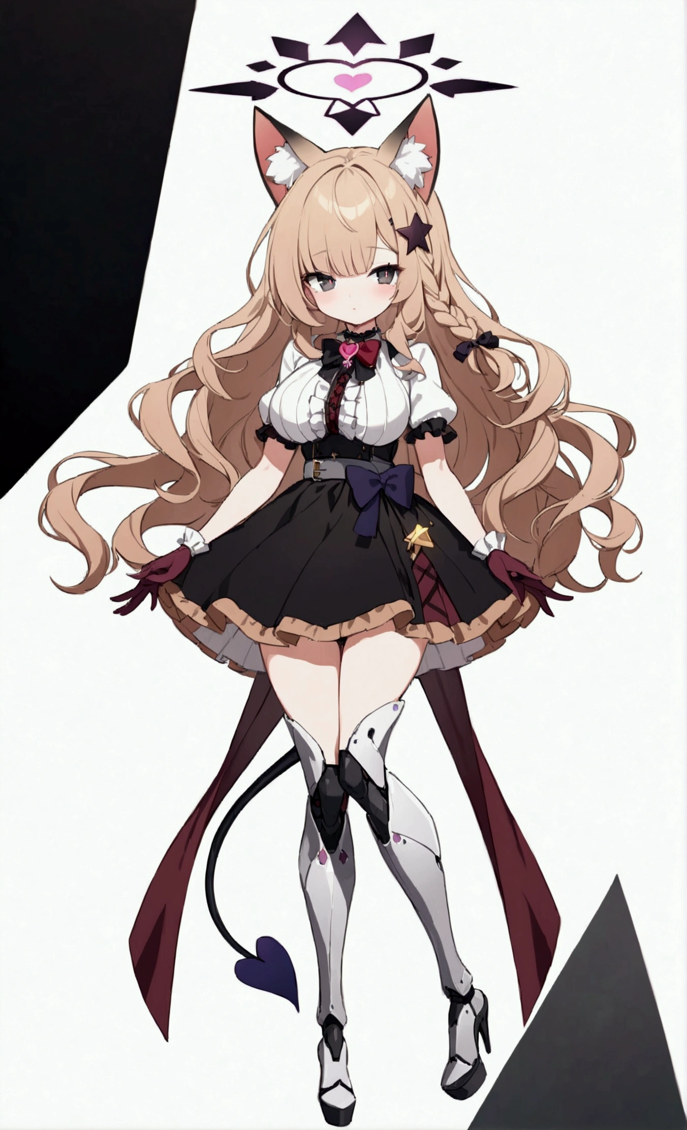 Woman 180cm tall, big chest, wide hip, charming look, (dark blonde hair), ((hip length loose wavy hair, asymmetrical bangs, star hairpin in hair)), (a short braid on the left and right side of the hair above the breasts), ((Gray eyes with a pink 4-pointed star in the pupil)), (two black fox ears located on the top of the head), (black halo with luminous purple on the head), ((It has a small black succubus tail that ends in the shape of a Vinotinto heart)), (((It has complex mechanical legs that reach up to the thighs., The legs are dark gray with small burgundy and black details))), (elegant thigh-length one-piece dress, small Vinotinto bowtie on the neck of the dress, white bust with vertical black lines, ruffles in the middle of the bust, ruffled skirt, short sleeves with ruffles, ribbon decorations on the dress), elegant Vinotinto gloves with white ruffles, Black platform heels, (gray belt at the waist with a large ribbon with a luminous pink heart in the middle), black necklace with a heart pendant on the neck, (((character design sheet: front view))), ((whole body)), extremely detailed beautiful hair, beautiful detailed dress, extremely detailed arms, extremely detailed face, (Extremely detailed hands), perfect hands, small face, Beautiful detailed eyes, beautiful detailed lips, adorable, extremely detailed legs, (Best Quality, 8k, high resolution), ultra detailed, Exquisite and epic character art, ((White background)), (Focus on symmetry), (beautiful detailed succubus tail), (only one woman in the picture), (perfect anatomy).