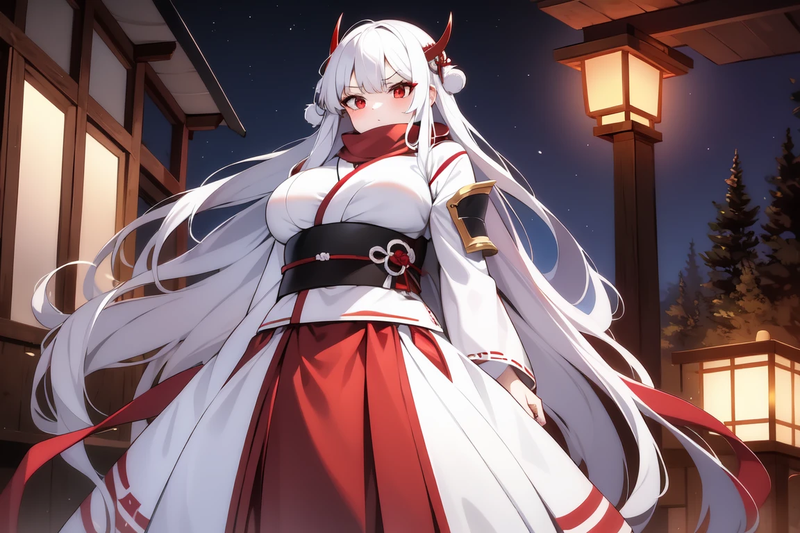 1girl, white hairs, red eyes, white-red  kimono, long hair, katana, red scarf, massive breasts, mature, Oni, armored skirt, lake, night