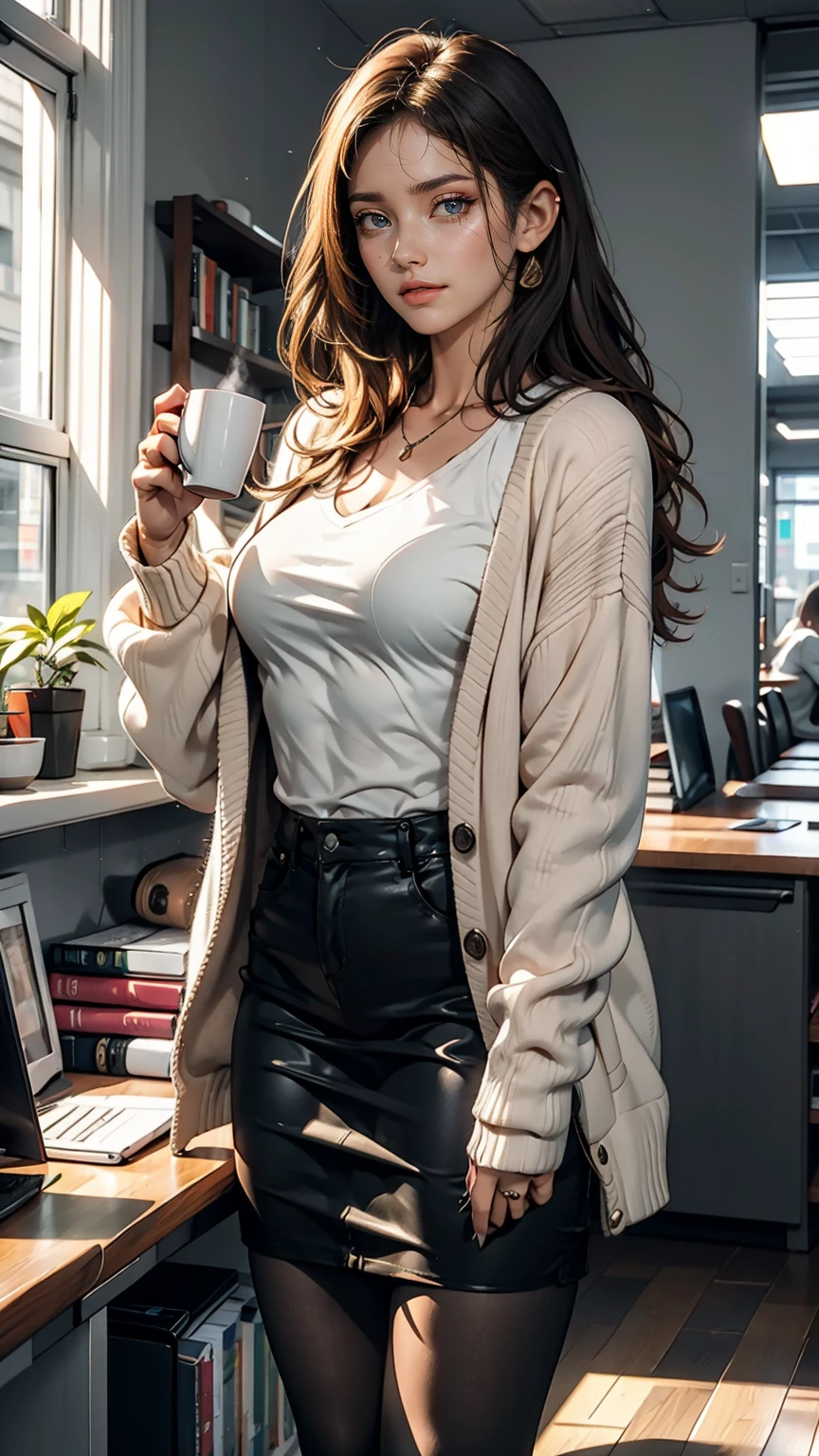 indoor, Portraiture, A 25-year-old woman holding a coffee cup, Black cropped knit cardigan, arm:1, Dark red slim skirt with black check pattern, Black knee-high suede boots, Standing next to the office window