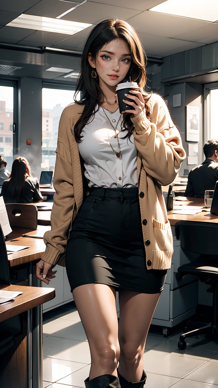 indoor, Portraiture, A 25-year-old woman holding a coffee cup, Black cropped knit cardigan, arm:1, Dark red slim skirt with black check pattern, Black knee-high suede boots, Standing next to the office window