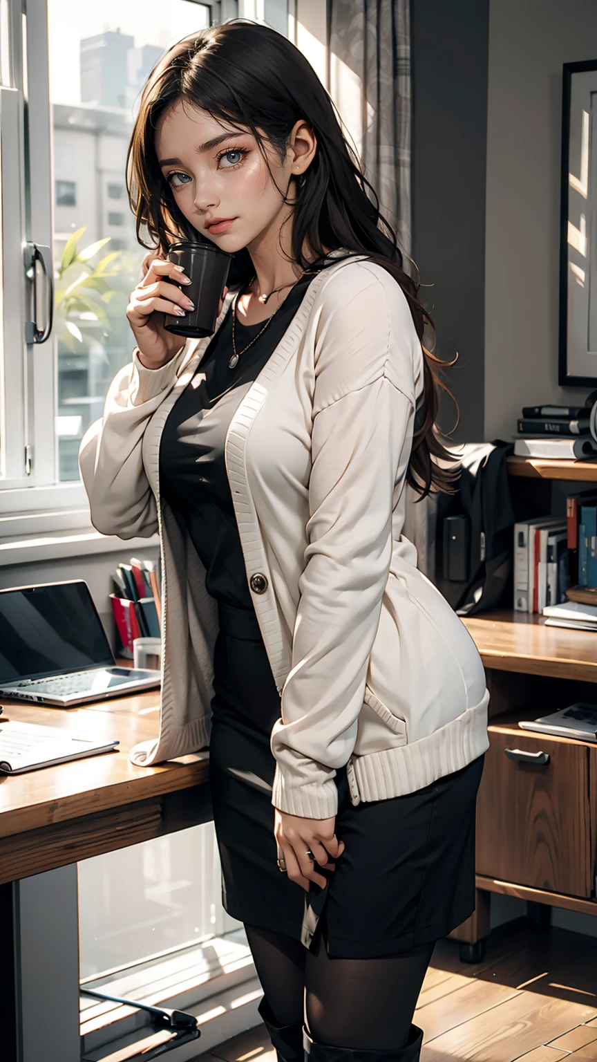 indoor, Portraiture, A 25-year-old woman holding a coffee cup, Black cropped knit cardigan, arm:1, Dark red slim skirt with black check pattern, Black knee-high suede boots, Standing next to the office window