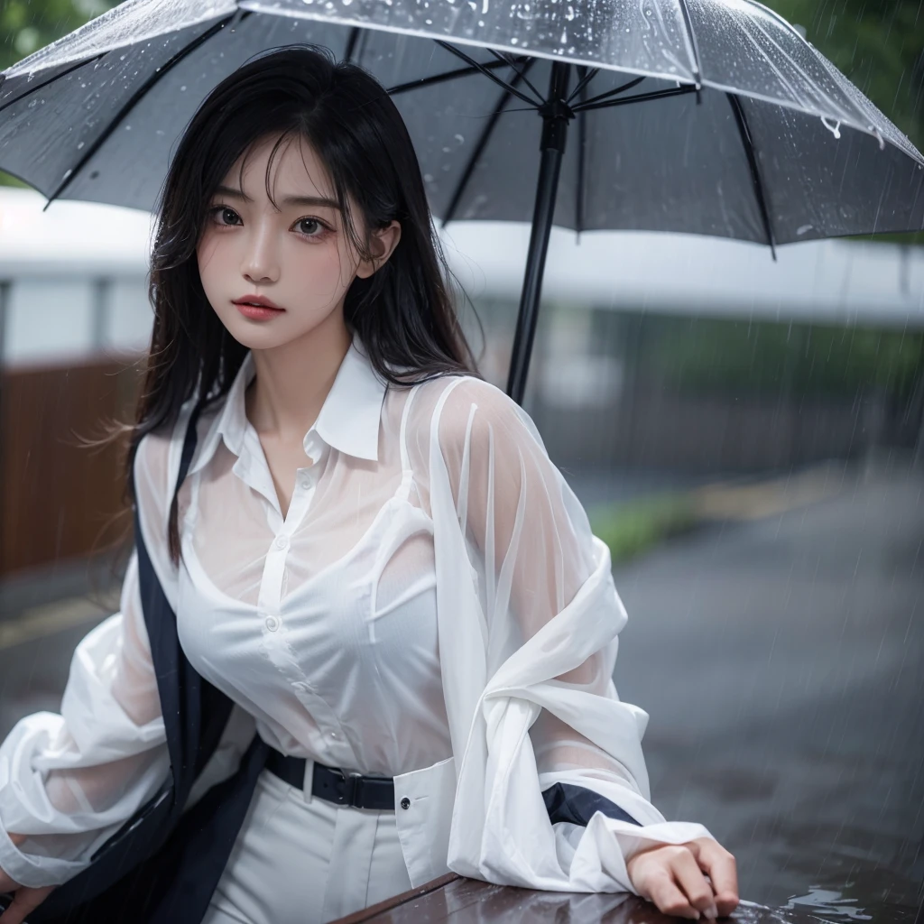 Hair getting wet in the rain、Transparent shirt、Beautiful woman getting wet in the rain、typhoon、Get wet without an umbrella、Beautiful woman in the rain、雨で濡れたBeautyOL、Detailed face、Realistic、beautiful girl、Beauty、Office Lady Uniform、beauty、Beautiful woman、Narrow waist、Handsome woman、Tight pants look、suit、Sexy pose、タイトなsuitパンツ、雨で濡れたsuit、Wet shirt、See-through shirt、Shot in heavy rain、See-through underwear