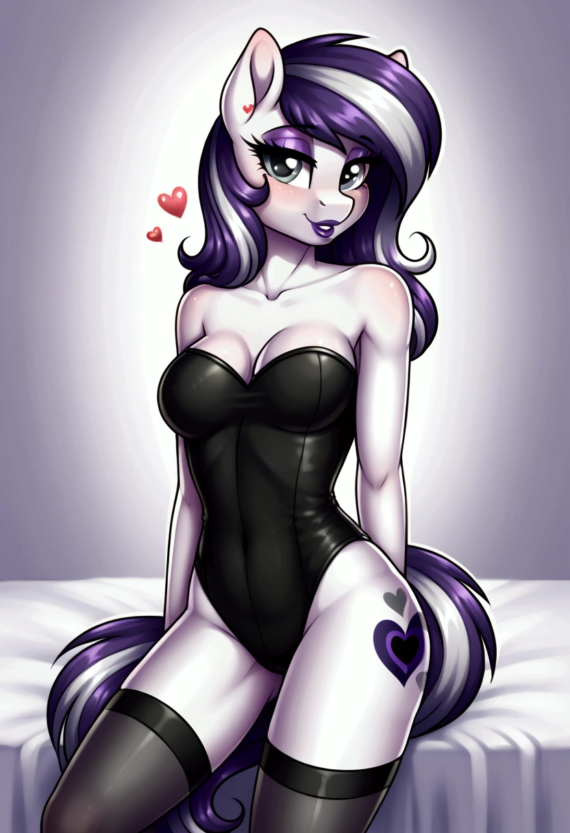 My little pony, (anthro), ((sexy uniform)), ((two-tone hair with black on top and white underneath)), pale white body, gray eyes, medium breasts, purple lips, perfect lines, heart cutie mark, seductive pose