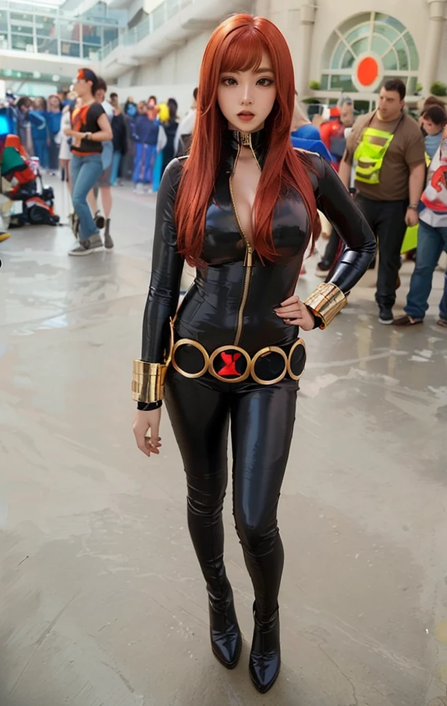 The image features a girl with red hair. She is wearing a sleek skin-tight shiny black latex bodysuit with a deep-cut zipper neckline revealing a large chest, the silver zipper running down the front, a belt with some gold circles, high-heeled boots, and golden wrist guards in both hands. She portrays confidence and a bold personality as she strikes a pose with her hands on her hips amidst a bustling crowd.