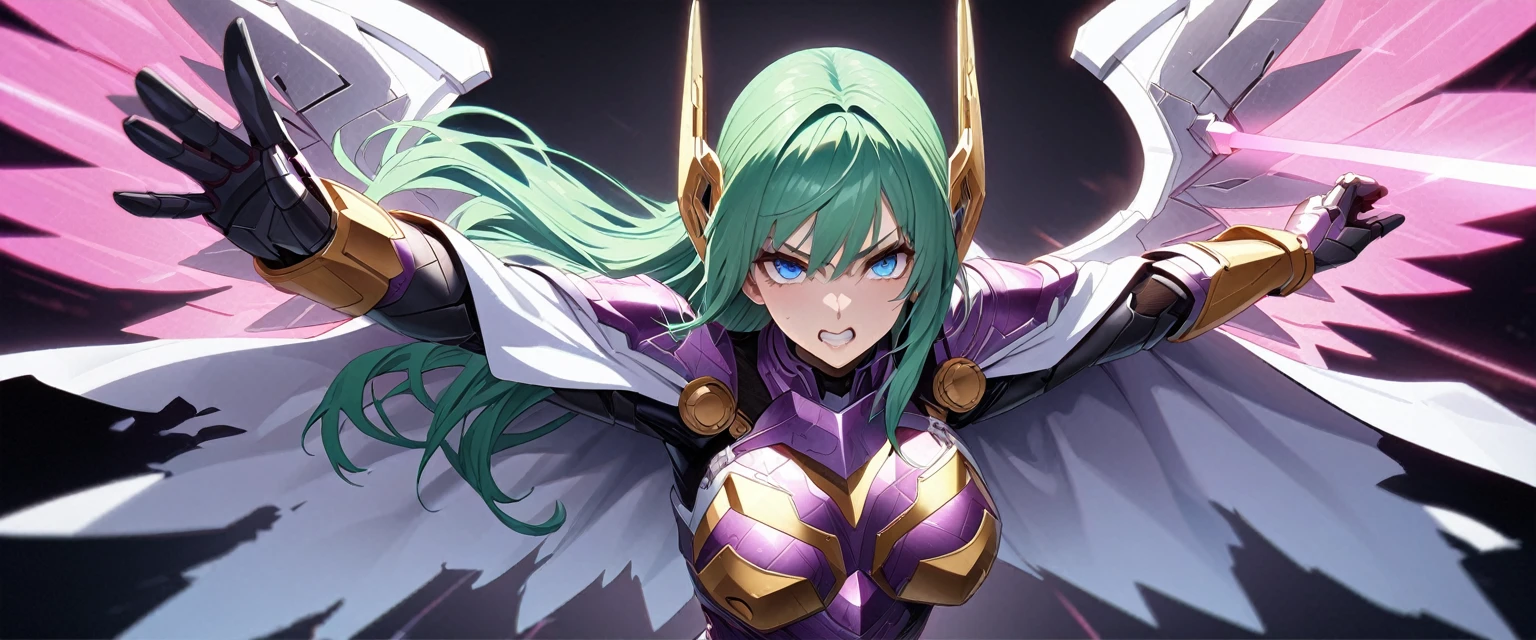 (Perfect Anatomy)、Mastepiece、Ultra High Quality、 8k、masterpiece、Highest quality、Ultra-high resolution、Maximum resolution、Very detailed、Professional Lighting、anime、woman、thin、Very beautiful face、Beautiful eyes、(Highly detailed eye)、Highly detailed face, clenched teeth, Grit your teeth、White and purple enamel high leg leotard、Purple pattern、((Cyber Armor))、Shiny Armor、White decoration、Cyber Headgear、Shoulders show skin、Golden earrings、Green Hair、long hair、Purple Eyeedium breast、Pink Lips、White cloak、With a shiny shield、Has mechanical wings on his back、Dynamic Pose, Summoning a magic sword, energy sword, energy wings