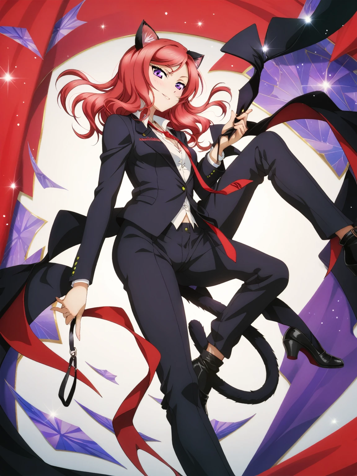 masterpiece, best quality,8k wallpaper, nishikino maki,red hair, purple eyes, black formal suit, untied neck tie, Sexual seduction, sexualised,cat ears
