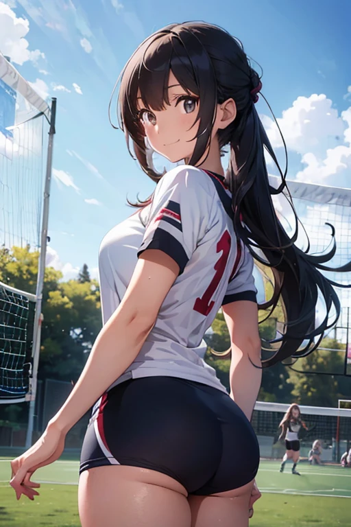 A beautiful young girl in a volleyball uniform, long flowing hair, big bright eyes, cute smile, athletic posture, outdoor volleyball court background, natural sunlight, vibrant colors, highly detailed, photorealistic, cinematic lighting, 8k, best quality, masterpiece