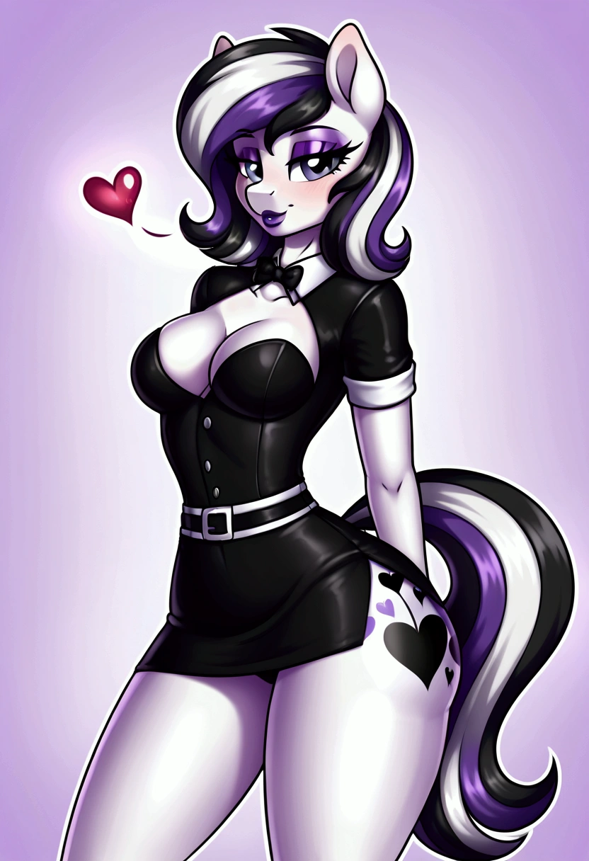 My little pony, (anthro), ((sexy uniform)), ((two-tone hair with black on top and white underneath)), pale white body, gray eyes, medium breasts, purple lips, perfect lines, heart cutie mark, seductive pose, big butt