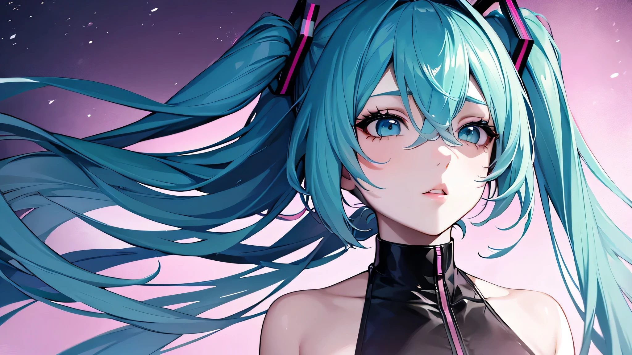 masterpiece, Awesome girl, Cold Face, Expressionless, Pale pink lips, Calm, intellectual, Eye details,Hatsune Miku,Singing,clothes,cool,It's about to start moving,The background is so beautiful