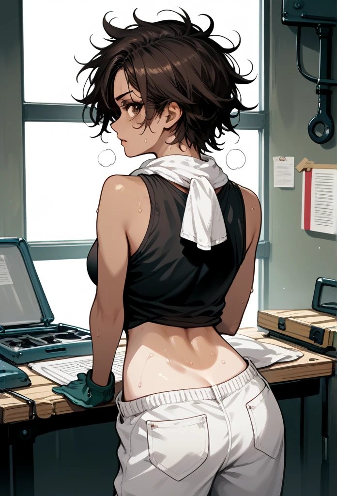 masterpiece, best quality, mature woman, messy hair, black hair, brunette gradient hair color, hot face, (tomboy face), tan skin, mature body, fit body, medium breasts, mechanic gloves, (dirty tank top), stained tank top, midriff, white bandana, mechanic pants, loose pants, workshop, (sweaty), bending over, towel around neck, back view