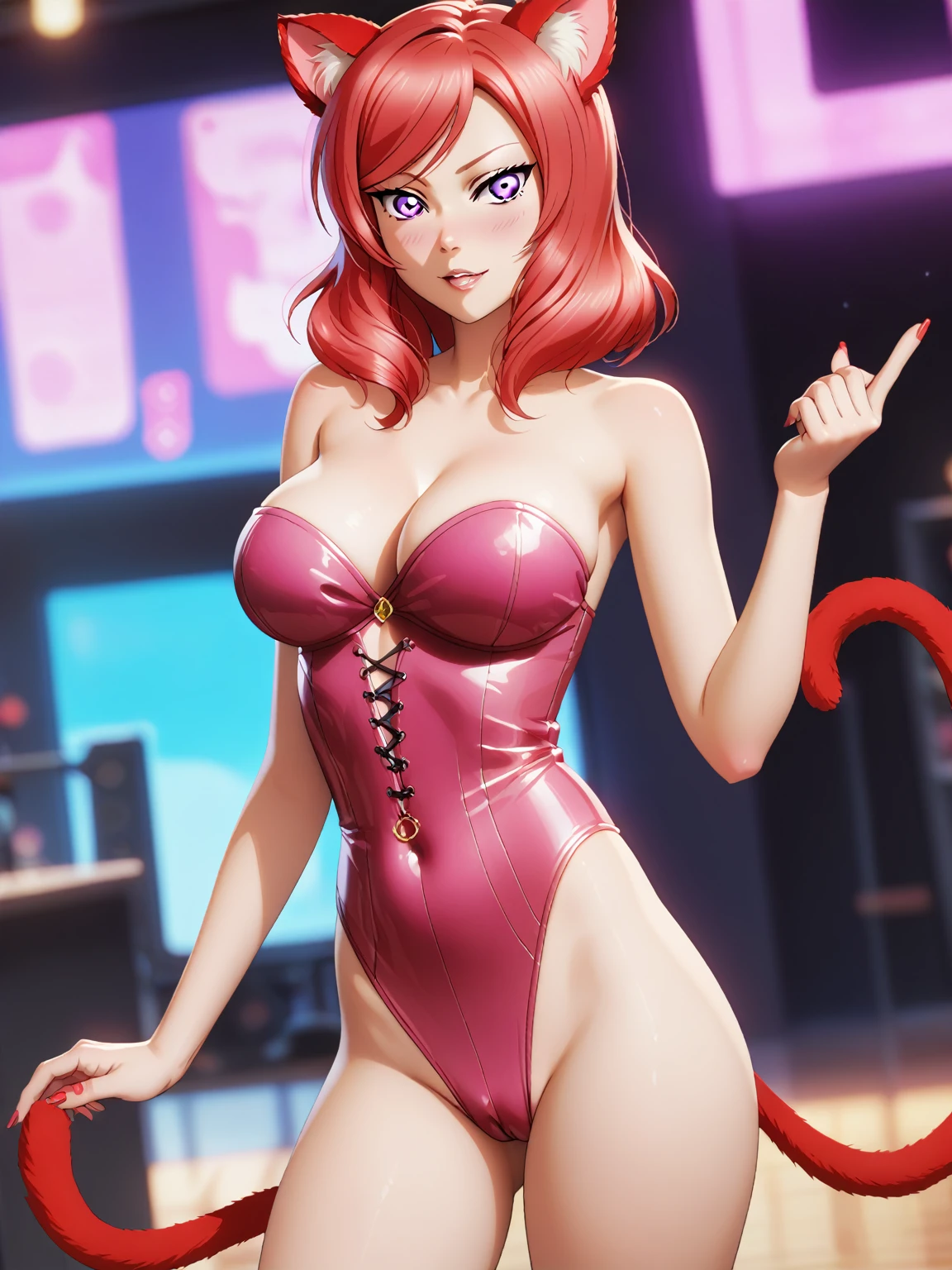 masterpiece, best quality, nishikino maki,red hair, purple eyes,pink strapless leotard, standing ,big breasts , Sexual seduction, sexualised,cat ears