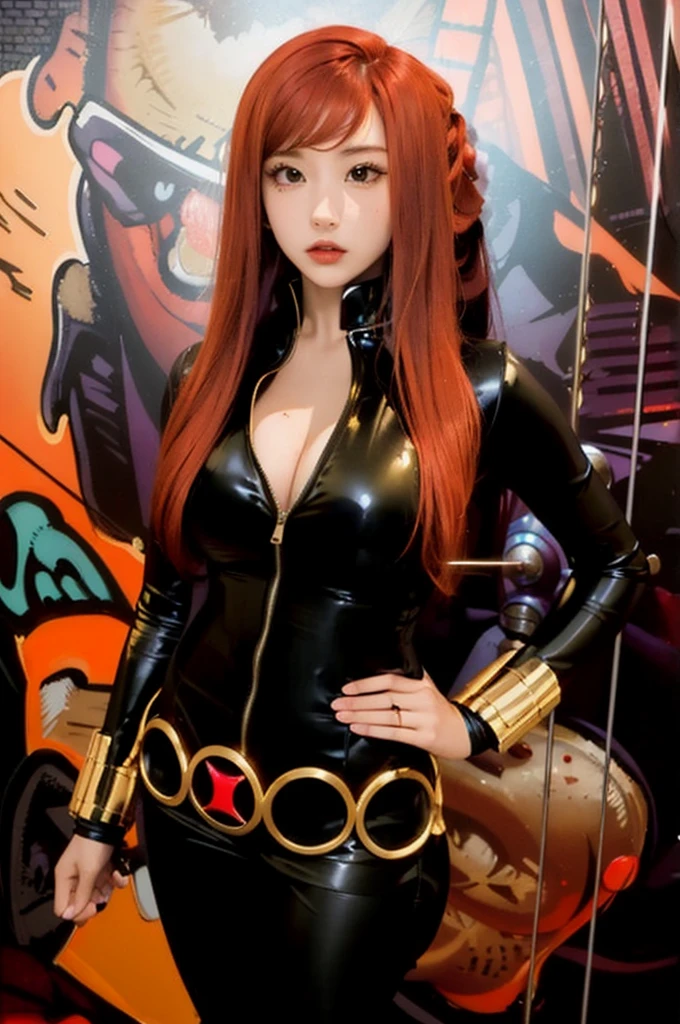 The image features a girl with long red hair. She is standing in front of a wall adorned with artwork. She wears a sleek skin-tight shiny black latex bodysuit with a deep-cut zipper neckline revealing a large chest, the silver zipper running down the front. and boasts a noticeable feature—a black belt with gold circles. and wrist guard made of golden sticks. The combination of her empowered pose, vibrant hair color, and the intriguing backdrop of art, creates a visually compelling scene.