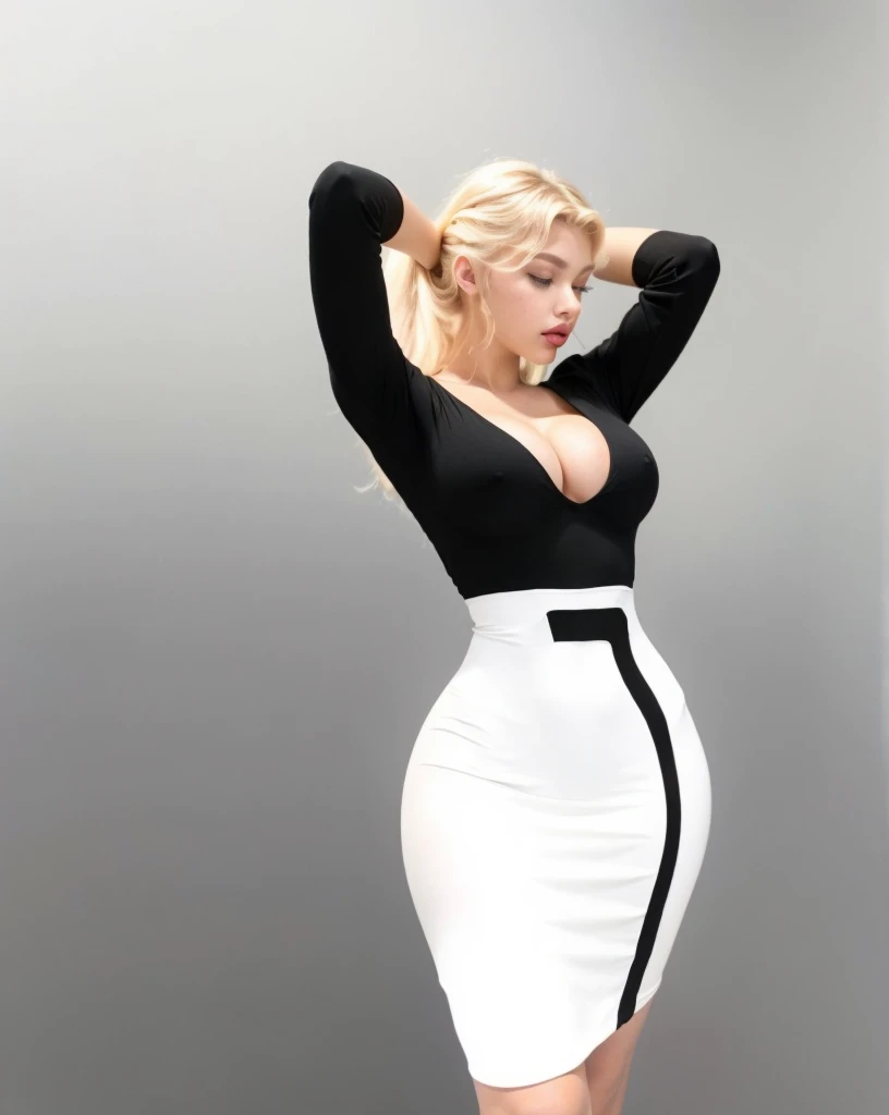((Beautiful Blonde girl, clara wilsey, loren gray, sophie mudd, Peyton List, 18 years)), round breasts, slim waist, big hips, beautiful soft thighs, beautiful legs, wearing black cotton-lycra top and plain white skirt, grey studio background, (HDR, 8K, vivid, vibrant, detailed: 1.4), (hyper realistic, movie graphics)