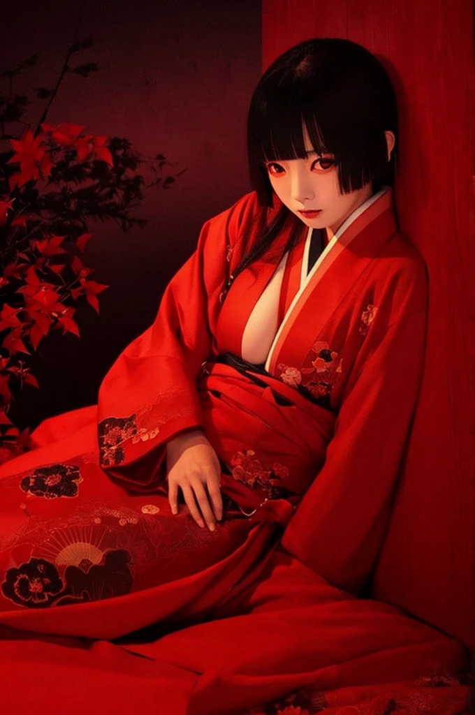 Masterpiece、Highest quality、Realistic photos、Thick Fog、A beautiful Japanese girl in a very elaborate red kimono、((((Holding a pure white skull))))、(((She spreads her legs to show her beautiful vagina)))、((Red background))