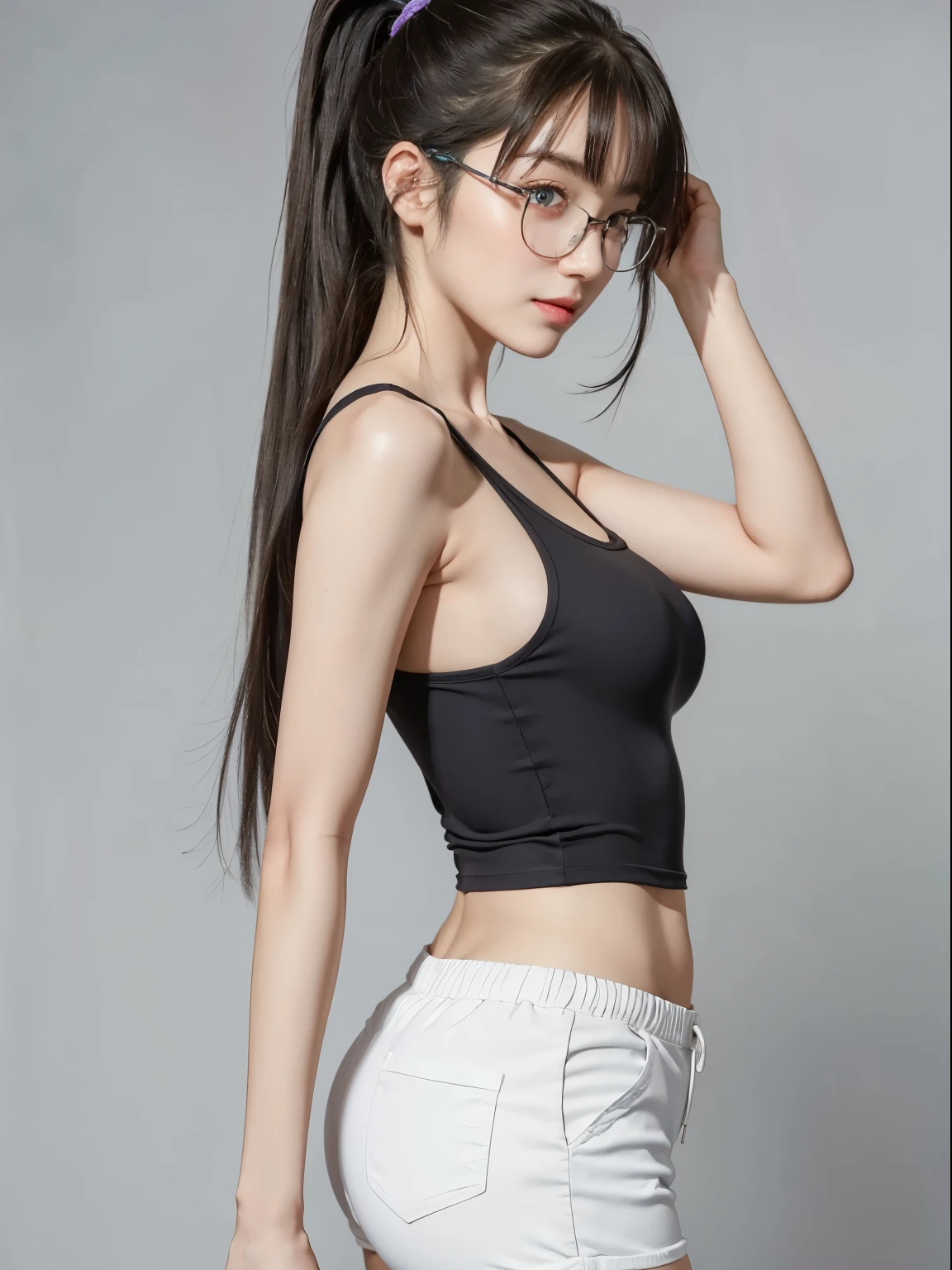 (Best quality, masterpiece, detailed), (RAW, 4k, hd images), shy, 1 girl, , white skin, long hair, ponytail, layers hair, bangs, black hair, beautiful girl, cute girl, sweet girl, pretty girl, perfect girl, pretty eyes, blue eyes, thin lips, thin, eye line, perfect round breast, glasses(detailed frame), simple background, smile, waist, thigh, sport tanktop, short pants, back side angle capture, half body, potrait, side breast,