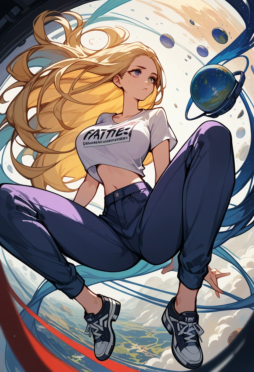 Masterpiece, best quality, Masterpiece, best quality, 1 woman, long blonde hair , Purple cropped t-shirt , ยีนส์Long legs , Unbutton your pants. , big breasts , abdomen , Long legs , shoe , floating body , space , Gravity free , darkness