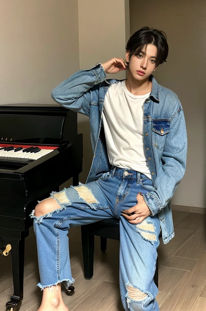 playing piano,Um garoto coreano , wearing ripped jeans, Torn pants, (Jeans rasgada) (Torn pants), posing for photo shoot , corpo inteiro, fundo liso, jungkook, jungkook taeyang Jimim 1 boy, 1 homem, homem masculino coreano, homem masculino sozinho coreano sozinho, solo, sozinho