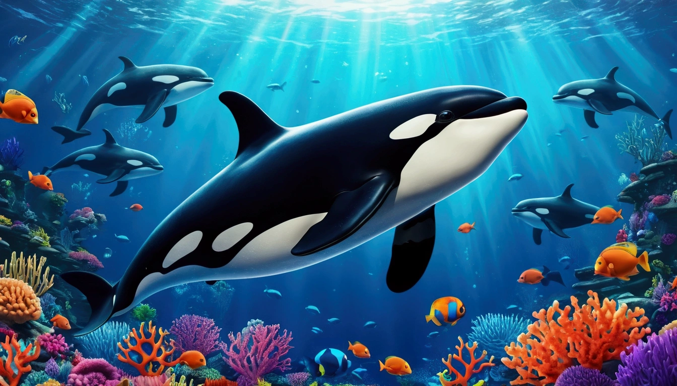 Poster Killer whale 4K,Cartoon scene,Craftsmanship Very colorful specify,Fishing,Coral scared