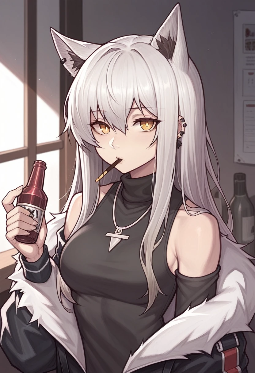_asura style, 1girl, texas_(arknights), animal_ears, solo, pocky, black_hair, food, long_hair, looking_at_viewer, jewelry, upper_body, multicolored_hair, jacket, red_hair, mouth_hold, white_jacket, necklace, hair_between_eyes, bangs, shirt, wolf_ears, animal_ear_fluff, off_shoulder, purple_shirt, food_in_mouth, open_clothes, breasts, official_alternate_costume, indoors, open_jacket, bottle, brown_eyes, yellow_eyes, long_sleeves, two-tone_hair, turtleneck, fur_trim, ear_piercing, piercing, earrings, small_breasts