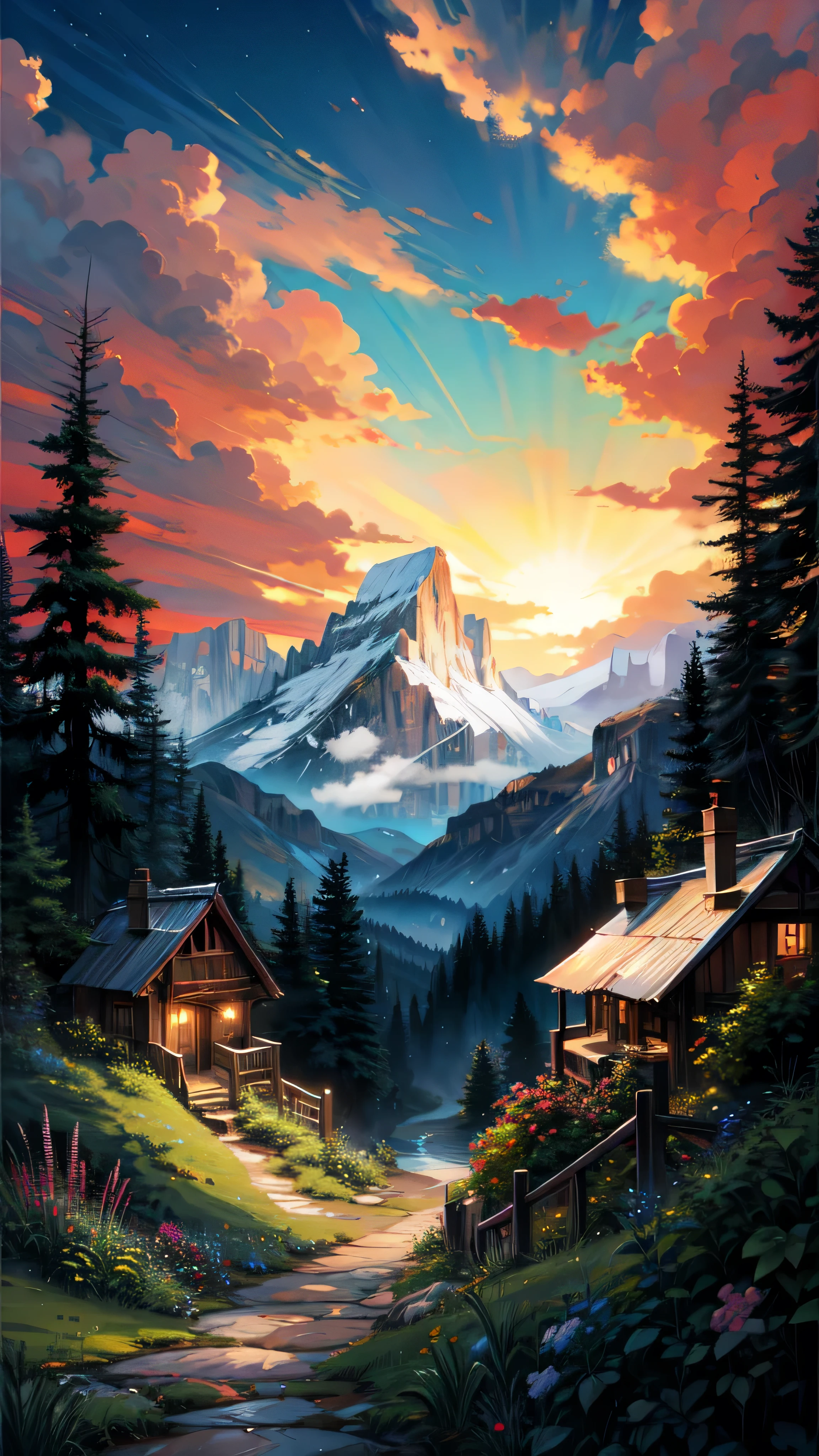 painting of a mountain valley, alleyway , beautiful scenery, waterfall, valley , garden,((glistening look)),hd, High quality, bushes,4k hd, cloud,beautiful art uhd 4 k, a beautiful artwork illustration, beautiful digital painting, highly detailed digital painting, beautiful digital artwork, detailed painting 4 k, very detailed digital painting, rich picturesque colors, gorgeous digital painting