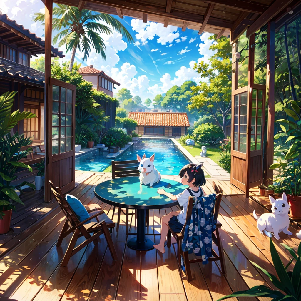 Masterpiece, highest quality, high resolution background, bright and beautiful atmosphere, 3 girls (, 1 short-tempered round face), 1 child) (hair, surface effects), small breasts, cute tropical clothes, tropical style A girl relaxing on a hotel balcony, a stylish drink on a round table, mini pigs hanging on the balcony, mini pigs looking outside from the window, "deltamon_sdXL :0.73) >Deltamon