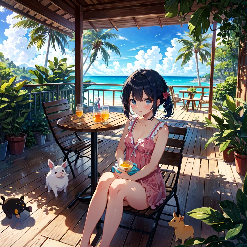 Masterpiece, highest quality, high resolution background, bright and beautiful atmosphere, 3 girls (2 years old, 1 short-tempered round face), 1 child) (hair, surface effects), small breasts, cute tropical clothes, tropical style A girl relaxing on a hotel balcony, a stylish drink on a round table, mini pigs hanging on the balcony, mini pigs looking outside from the window, "deltamon_sdXL :0.73) >Deltamon