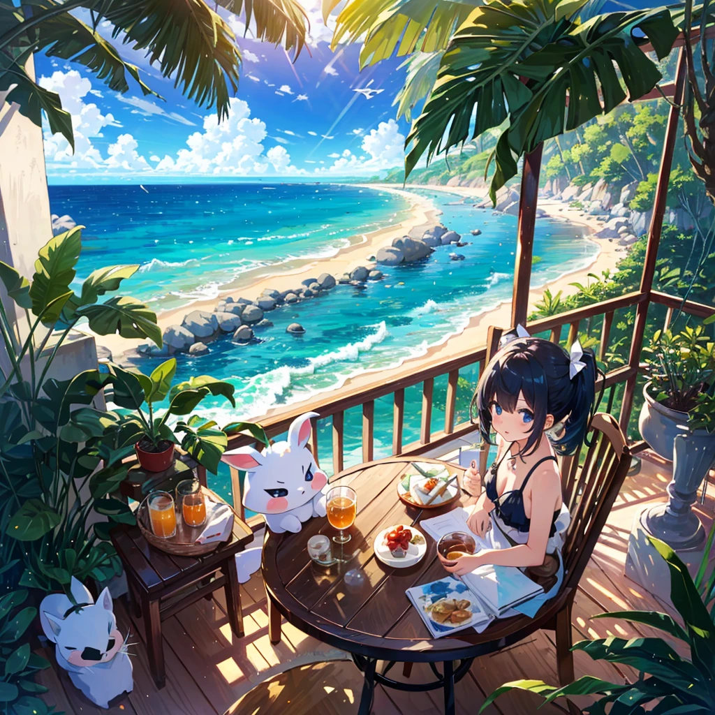 Masterpiece, highest quality, high resolution background, bright and beautiful atmosphere, 3 girls (2 years old, 1 short-tempered round face), 1 child) (hair, surface effects), small breasts, cute tropical clothes, tropical style A girl relaxing on a hotel balcony, a stylish drink on a round table, mini pigs hanging on the balcony, mini pigs looking outside from the window, "deltamon_sdXL :0.73) >Deltamon