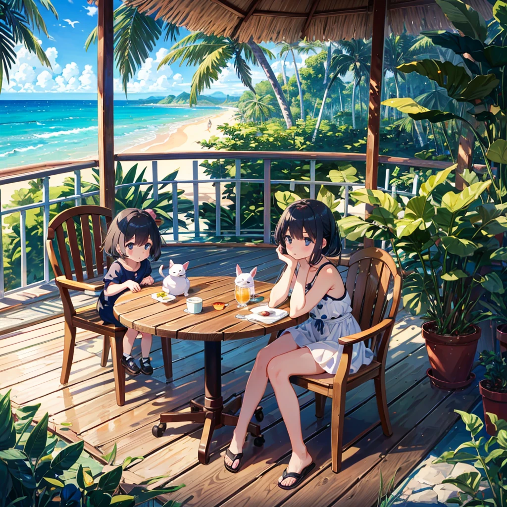 Masterpiece, highest quality, high resolution background, bright and beautiful atmosphere, 3 girls (2 , 1 short-tempered round face), 1 child) (hsurface effects), small breasts, cute tropical clothes, tropical style A girl relaxing on a hotel balcony, a stylish drink on a round table, mini pigs hanging on the balcony, mini pigs looking outside from the window, "deltamon_sdXL :0.73) >Deltamon