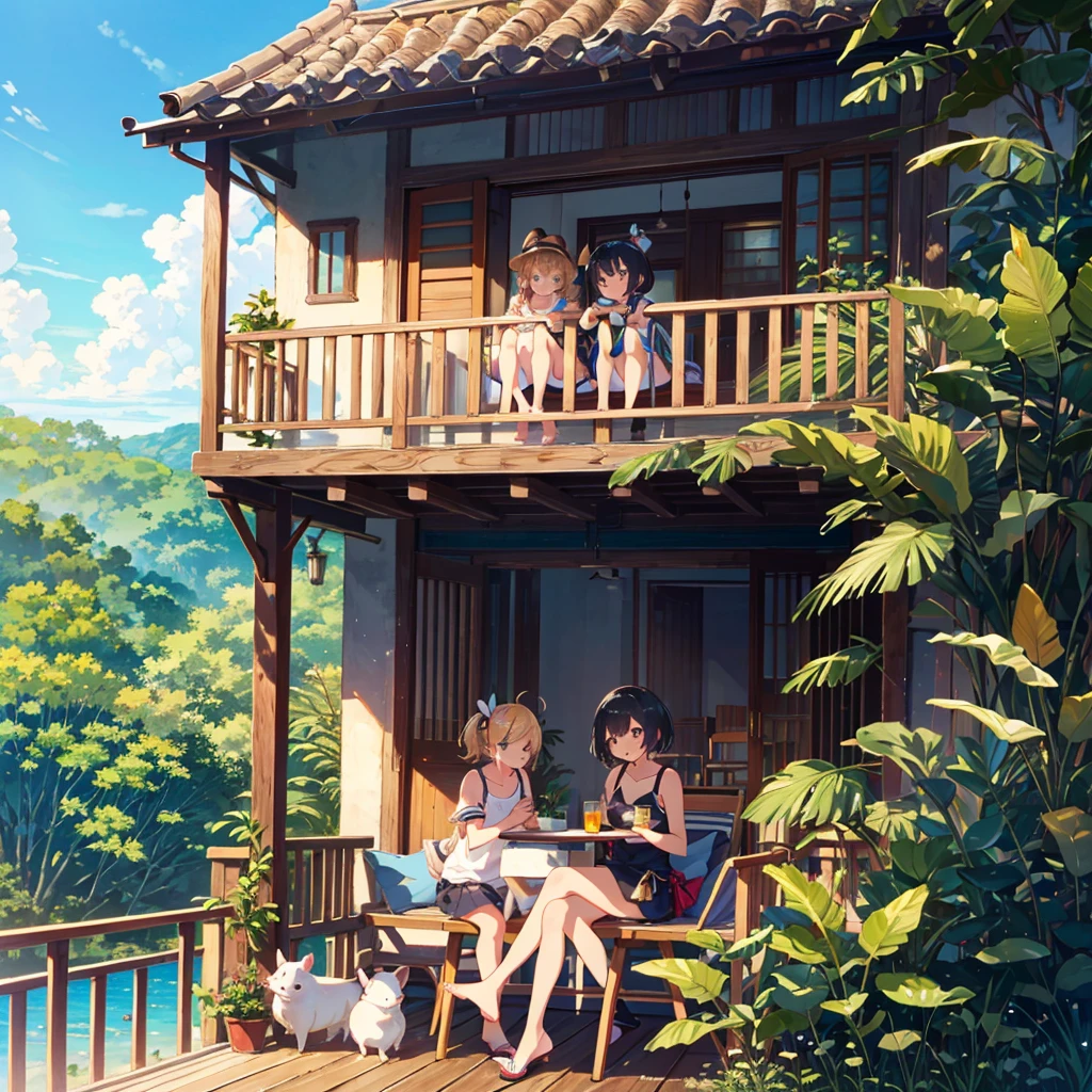 Masterpiece, highest quality, high resolution background, bright and beautiful atmosphere, 3 girls (, 1 short-tempered round face), 1 child) (hair, surface effects), small breasts, cute tropical clothes, tropical style A girl relaxing on a hotel balcony, a stylish drink on a round table, mini pigs hanging on the balcony, mini pigs looking outside from the window, "deltamon_sdXL :0.73) >Deltamon