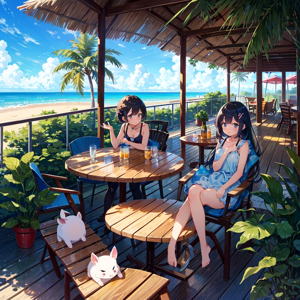 Masterpiece, highest quality, high resolution background, bright and beautiful atmosphere, 3 girls (2 years old, 1 short-tempered round face), 1 child) (hair, surface effects), small breasts, cute tropical clothes, tropical style A girl relaxing on a hotel balcony, a stylish drink on a round table, mini pigs hanging on the balcony, mini pigs looking outside from the window, "deltamon_sdXL :0.73) >Deltamon