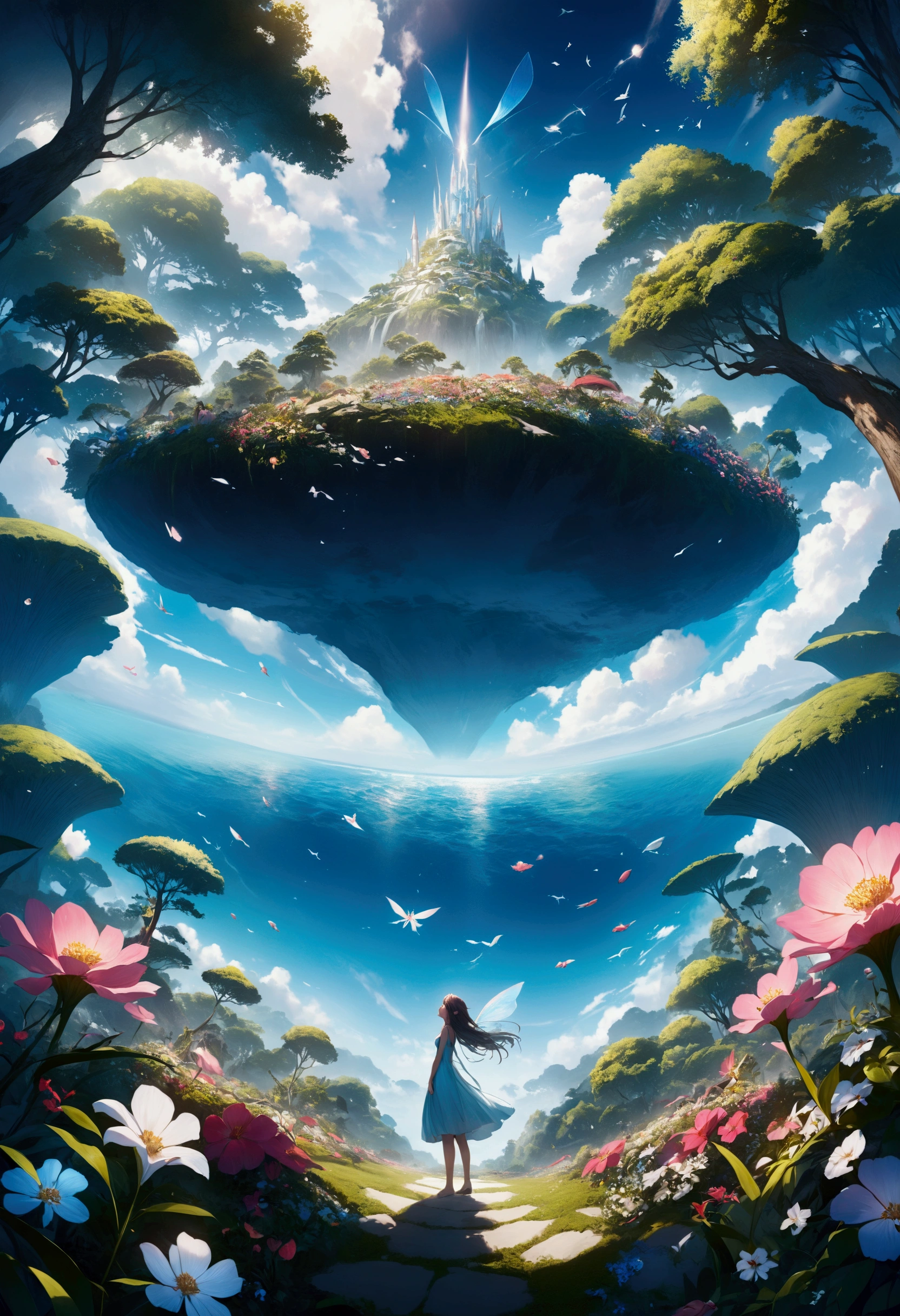 Mysterious Island, The fairy queen stands on a large flower, A hundred fairies are flying over the flower garden behind her, In the further distance, we see a forest with various trees in bloom. To the left and right of the forest is the ocean., Ultra-Wide Angle, panorama, wide shot, atmospheric perspective, masterpiece, accurate, textured skin, high details, high quality, best quality, photo, photorealistic,