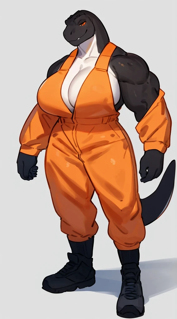 By bebebebebe, by lostgoose, by goonie-san, by buta99, by con5710, ((female)), tyrannosaurus, dinosaur, t-rex, smirking, big breasts, (muscular, buff, giant, strong, enormous, broad shoulders, big head), ((white and orange jumpsuit)), black body armor, black tactical pouches, big black boots, standing