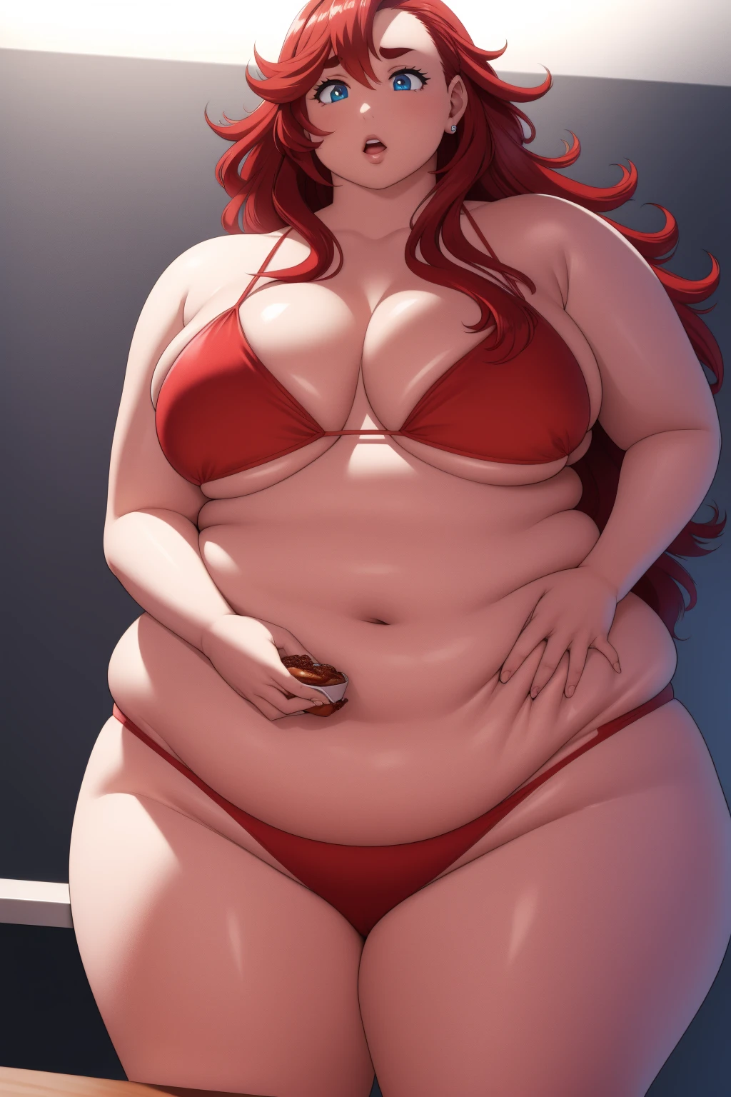 A large curvy woman with long red hair, wearing a red bikini, continuously eating and growing larger until she bursts, ultra-detailed, high quality, photorealistic, 8k, hyper realistic, masterpiece, dynamic lighting, vivid colors, intricate details, dramatic composition, cinematic mood