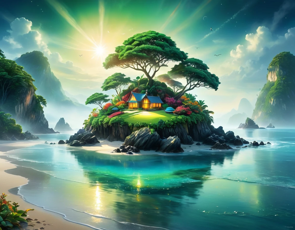 Very detailed, Super complex, Extremely precise, An island with a mysterious glow, Transparent full color, Holographic gloss and reflections, Pursuing the expressiveness of mysterious light, BREAK Mysterious Plant, Detailed and precise, Brightly colored fruits, The charm of fresh green, Meticulous and delicate brushwork combined with a beautiful balance of colors, BREAK Mysterious Rocks, Inorganic Silence, Detailed and realistic textures, The philosophy of loneliness, BREAK Mystical Water, High transparency, Fine and attractive liquid texture, The source of life, Absolute aesthetics beyond human rationality, Secret Beach, Tiny grains of sand, High quality sand, BREAK A magical island covered in mist, Mysterious accumulation, Mysterious light pours in, Dramatic lighting, Practical, Composition, Dynamic perspective, BREAK A work of art that depicts a mysterious island with extreme aesthetics, Super Retina,