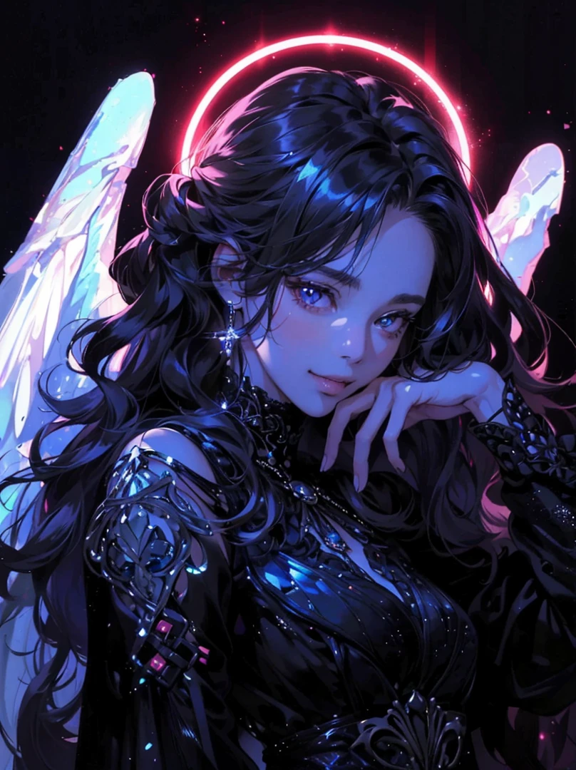 (Tabletop, Digital Art, Digital Illustration, 4K, 8k, Very detailed, Beautiful images, Clear images, Realistic, RAW Photos, Perfect Face, Perfect Lines, Perfect Eyes, Soft lighting) ,1 female, (Long black Shiny hair,Parted bangs、Bullish gaze,beauty,Mouth closed,Grin,mature,(thin,),White skin,23 year old female,:1.3),Shiny感触、Shiny感触、Lip gloss、Blue Crystal Jewelry、Shiny