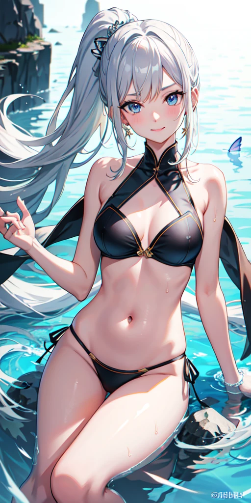 High resolution, masterpiece, accurate, Highest quality, Winner of numerous awards, High-resolution model, 

Heavy bangs，Silver Hair，Wet Hair，Super long hair，ponytail，
slender，White skin，Medium chest Ice blue eyes，Sharp, thin eyebrows，smile，
Seaside，
Butterfly Hair Ornament，Crystal Earrings，
Swimwear，Simple bikini，
Character portrait，全身
anime風, anime, One girl, solo, 