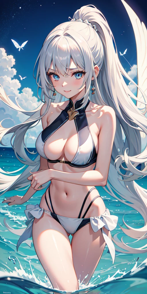 High resolution, masterpiece, accurate, Highest quality, Winner of numerous awards, High-resolution model,
Heavy bangs,Silver Hair,Wet Hair,Super long hair,ponytail,
slender,White skin,Medium chest Ice blue eyes,Sharp, thin eyebrows,smile,
Seaside,
Butterfly Hair Ornament,Crystal Earrings,
Swimwear,Simple bikini,
Character portrait,全身
anime風, anime, One girl, solo,